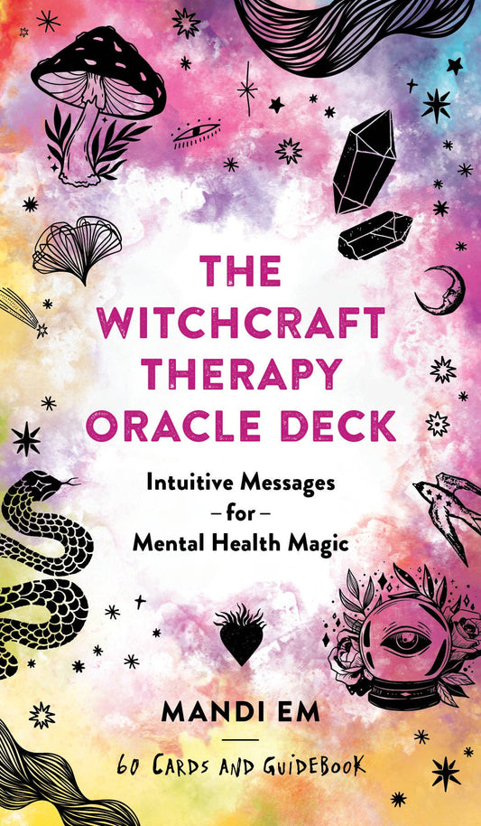 Front of The Witchcraft Therapy Oracle Deck box: a pink, yellow and blue watercolour background with black line art of mushrooms, crystals, a snake and hands.