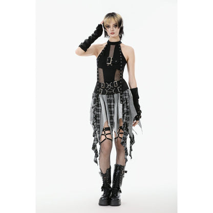 Punk Rave Bondage Mesh Panel Buckle Top