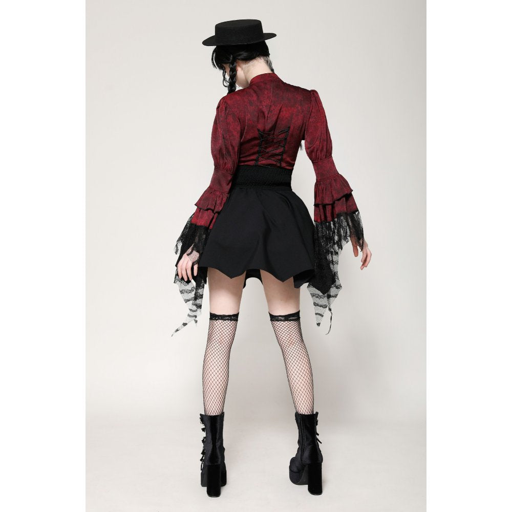 Dark in Love Vampiretta Red Distressed Effect Frilly Blouse - Kate's Clothing