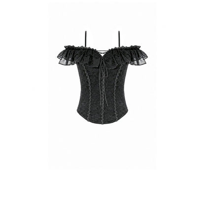 Dark in Love Nocturne Ruffled Lace Cold-Shoulder Top