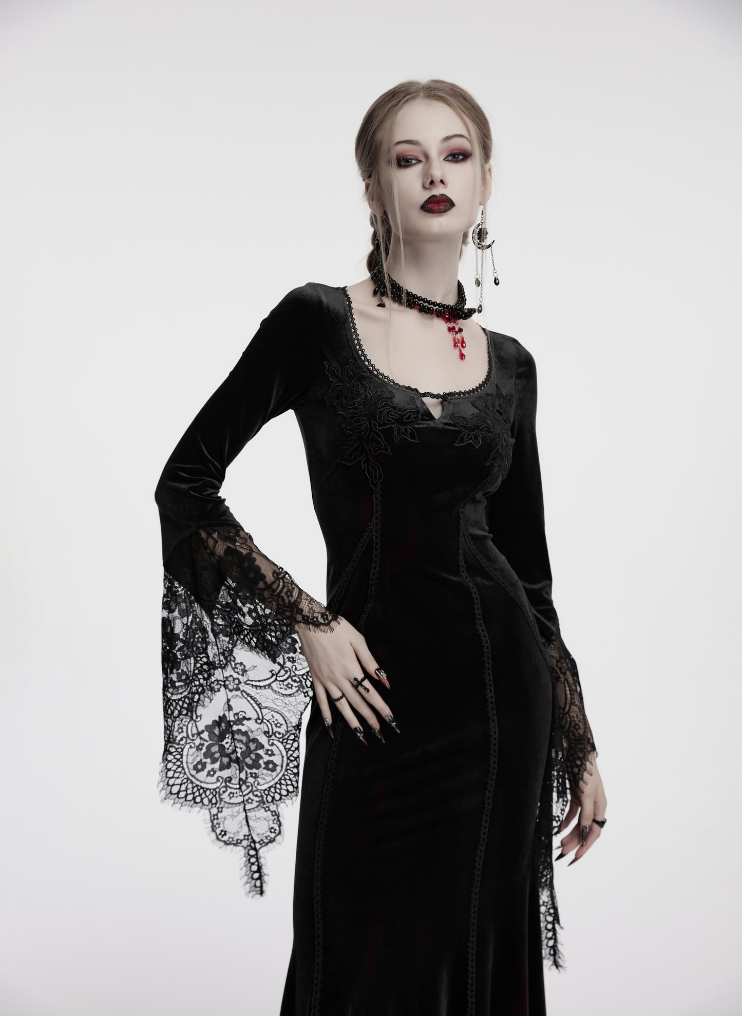 Punk Rave Isolde Velvet Lace Sleeve Dress In Black