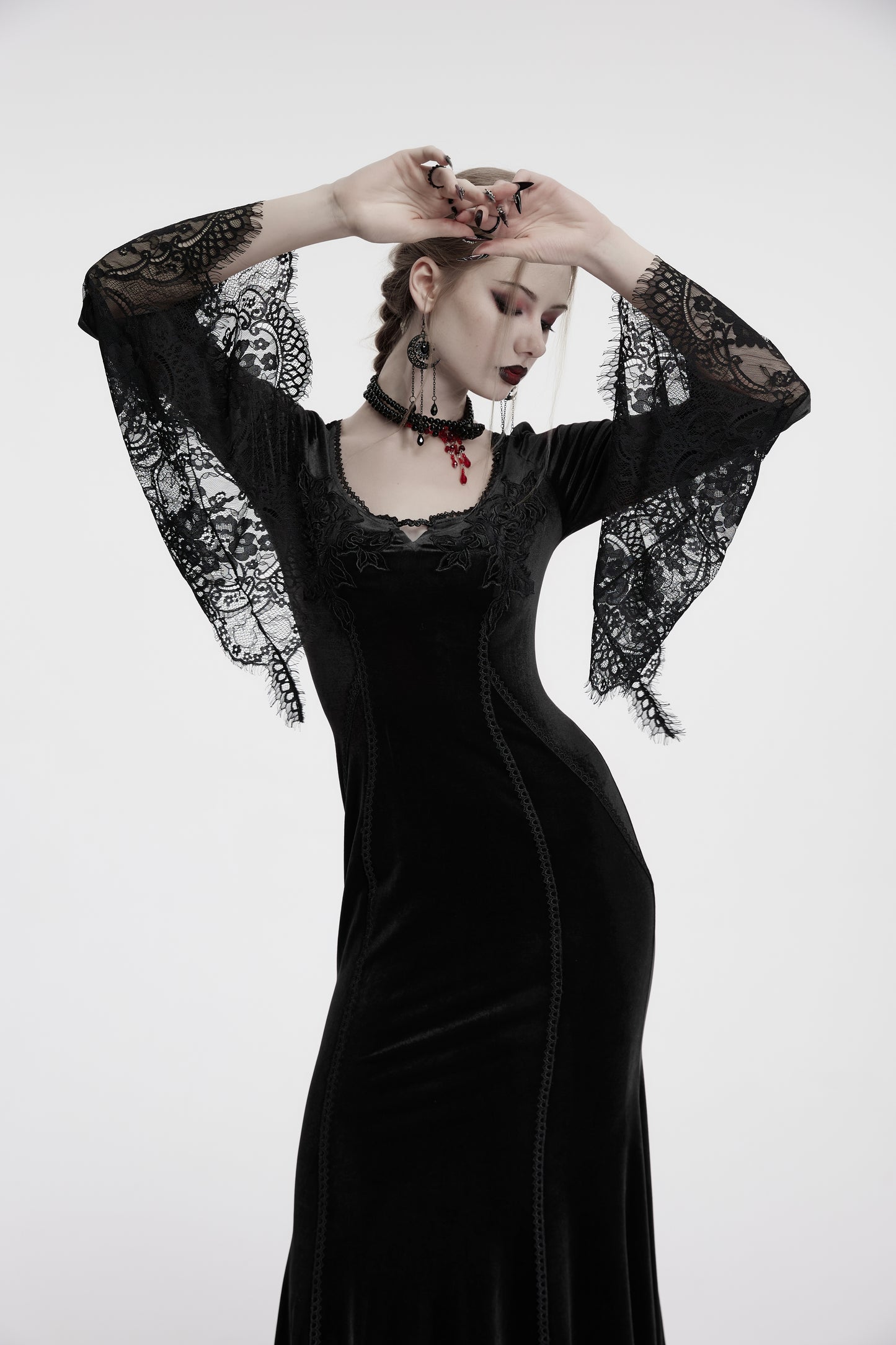 Punk Rave Isolde Velvet Lace Sleeve Dress In Black
