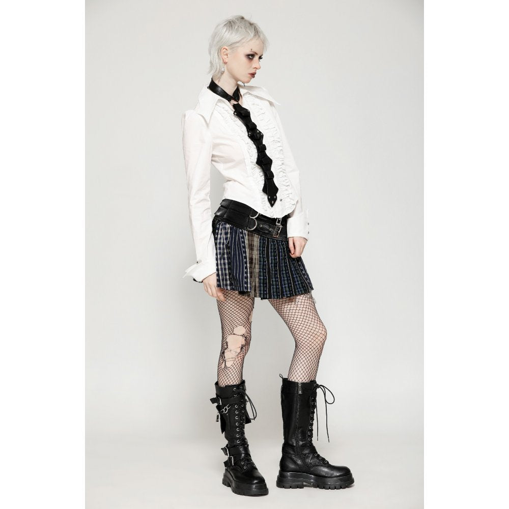 Dark in Love Sage Colorful Plaid Patchwork Leather-Waist Skirt
