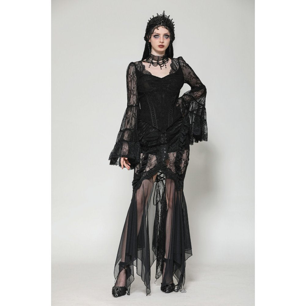 Dark in Love Zuri Gothic Romantic Lace Patchwork Bell-Sleeve Layered Cuff Top - Kate's Clothing