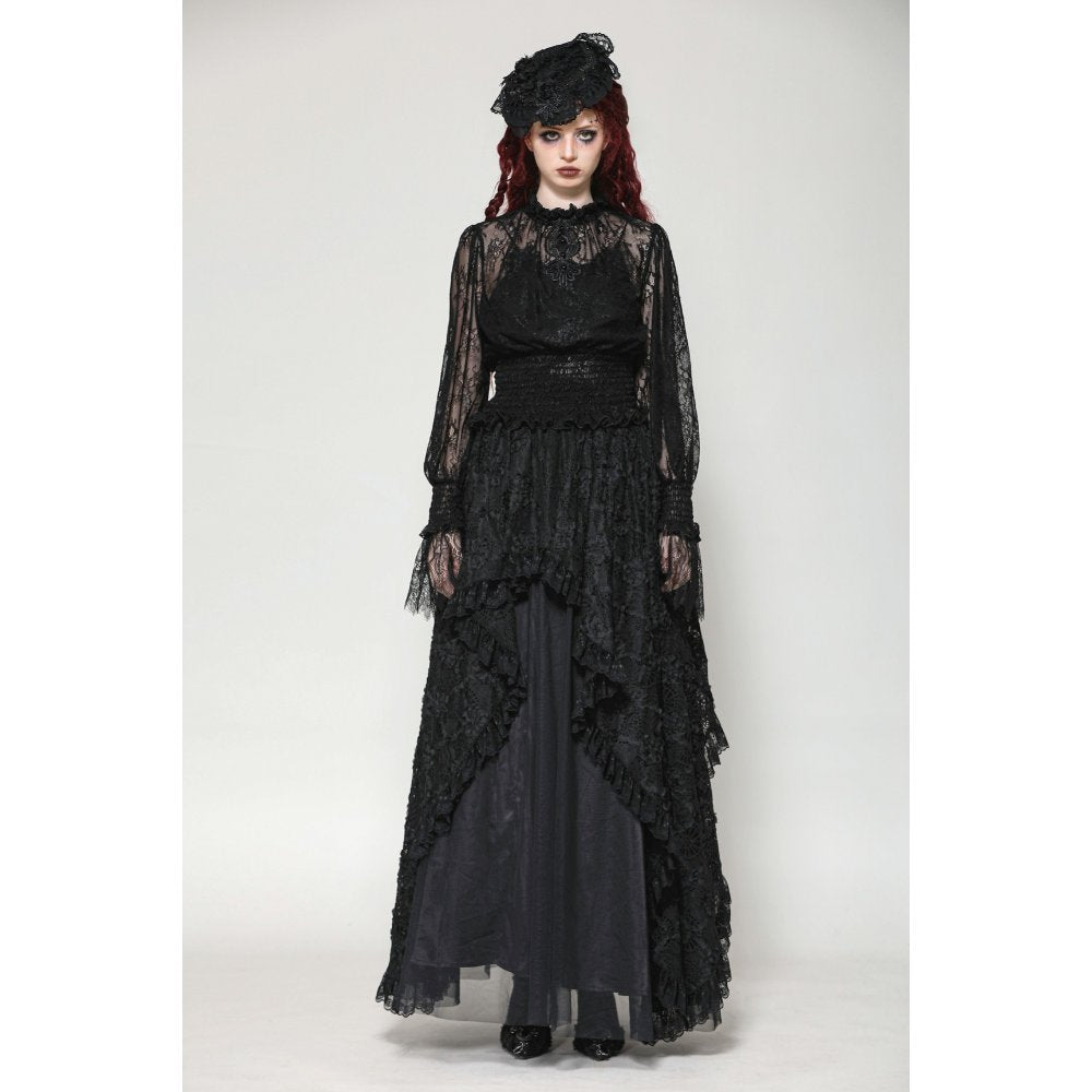 Dark in Love Aoife Black Hollow Lace Elastic Pleated Waist Eyelash Lace Cuff Top - Kate's Clothing