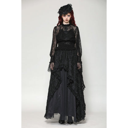 Dark in Love Aoife Black Hollow Lace Elastic Pleated Waist Eyelash Lace Cuff Top - Kate's Clothing