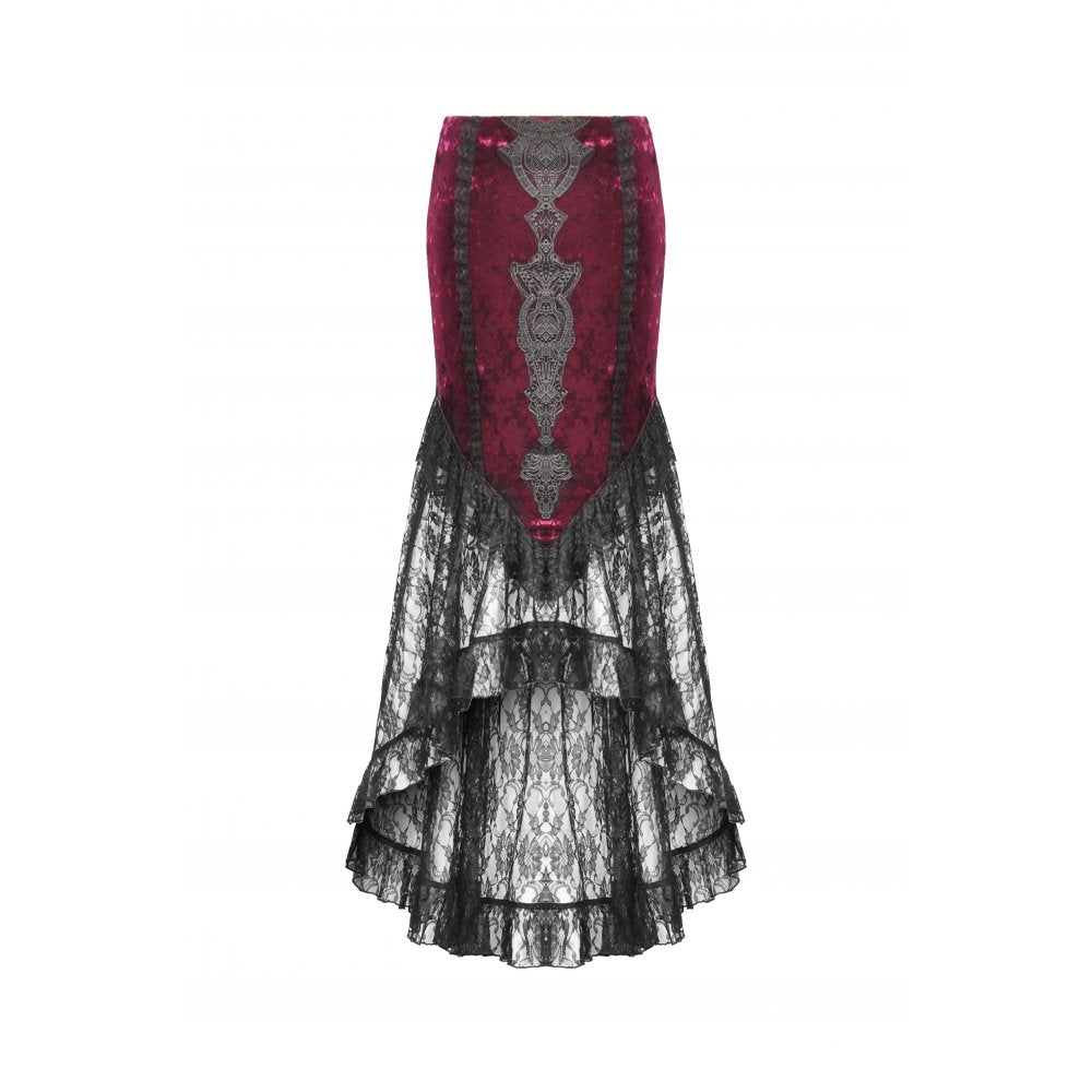 Dark in Love Crimson Queen Lace High-Low Goth Skirt in Burgundy & Black