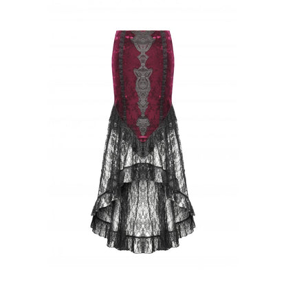 Dark in Love Crimson Queen Lace High-Low Goth Skirt in Burgundy & Black
