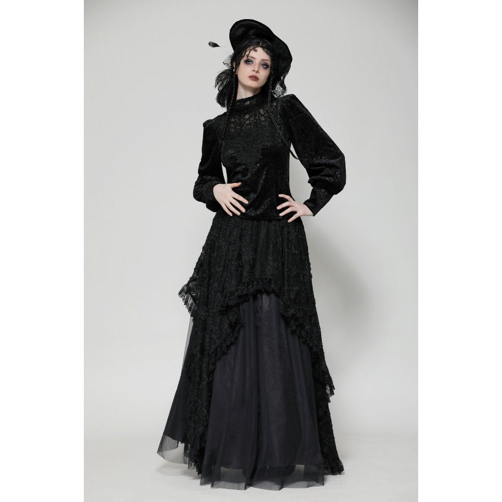 Dark in Love Cyra Gothic Jacquard Velvet Bell Sleeve Top - Kate's Clothing