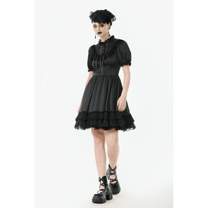 Dark in Love Belladonna Lace-Up High Collar Puff Sleeve Goth Dress  in Black
