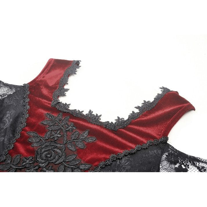 Dark in Love Delancy Gothic Black and Red Velvet Cold Shoulder Top - Kate's Clothing