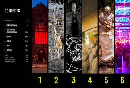 Black contents page with six numbered sections, each with a photo above its number.