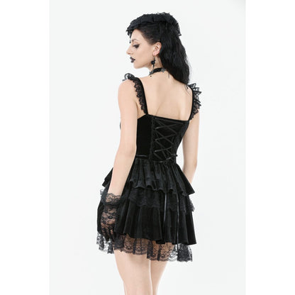 Dark in Love Nocturne Ruffled Velvet Lace Goth Dress in Black