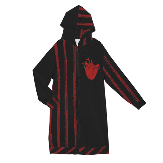 ANTIBrand extra‑length zip hoodie with Uncaged Heart red motif and stripes
