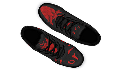 Red heart artwork and eerie lettering on gothic fitness shoes