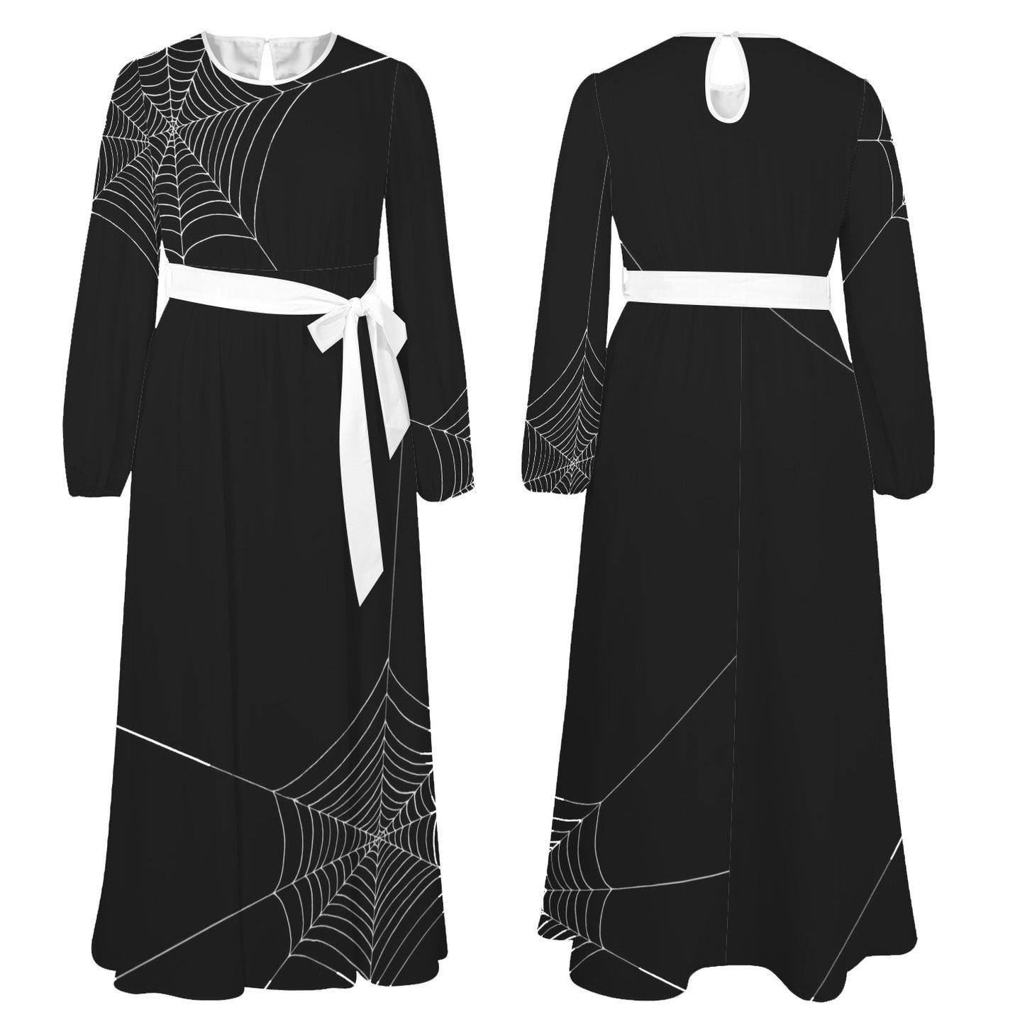 Gothic spiderweb maxi dress with long sleeves and waist tie