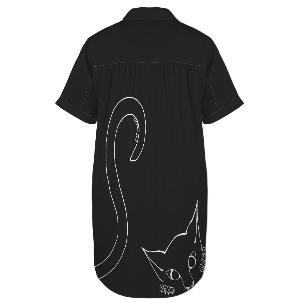 ANTIBrand Peekaboo Kitten black shirt dress with white cat design on the back against a white background