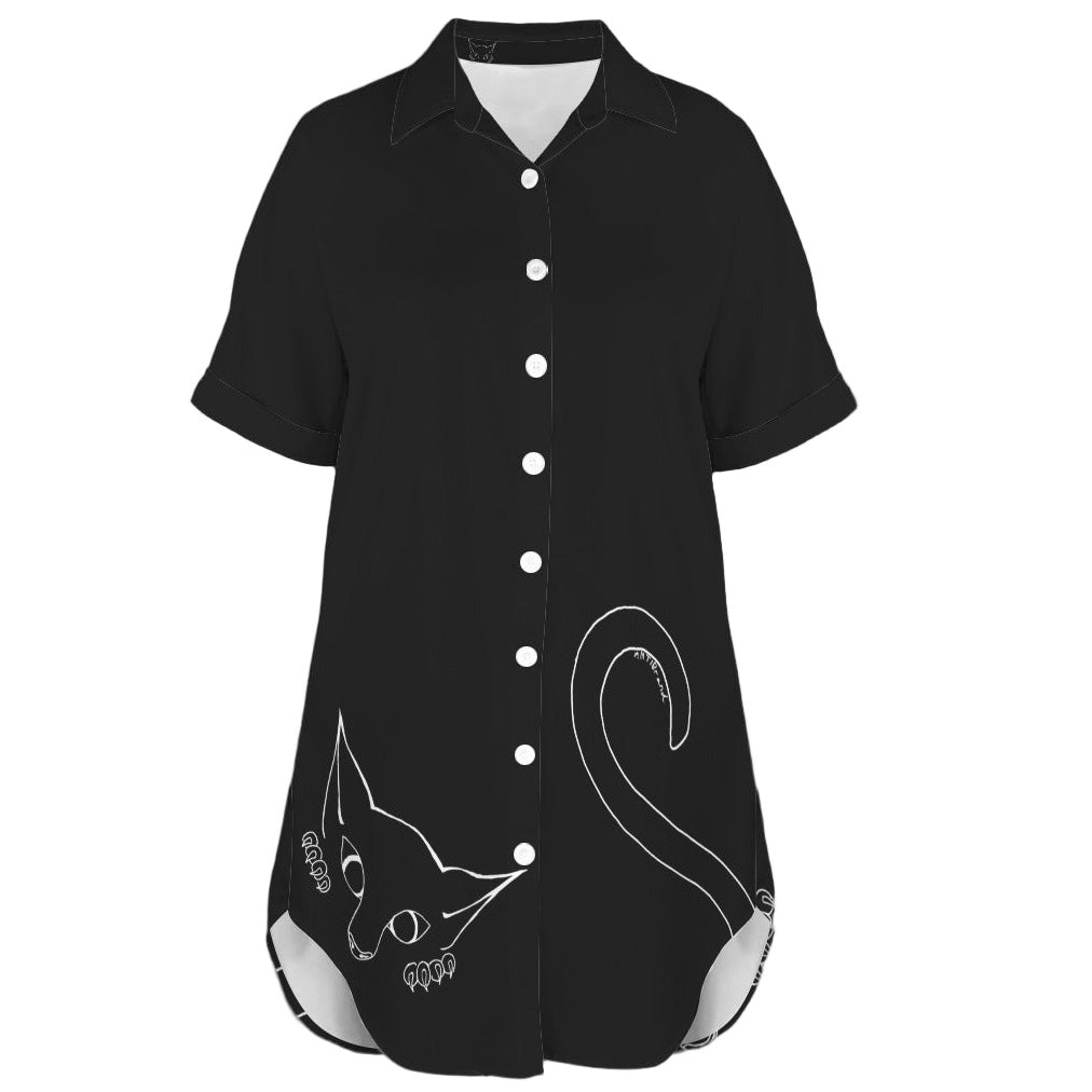 ANTIBrand Peekaboo Kitten black shirt dress with white cat design on a white background