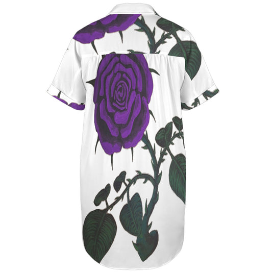 Back view of shirt dress with large purple rose artwork