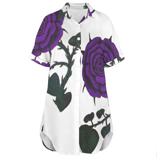 Front view of white shirt dress with oversized purple painted rose design
