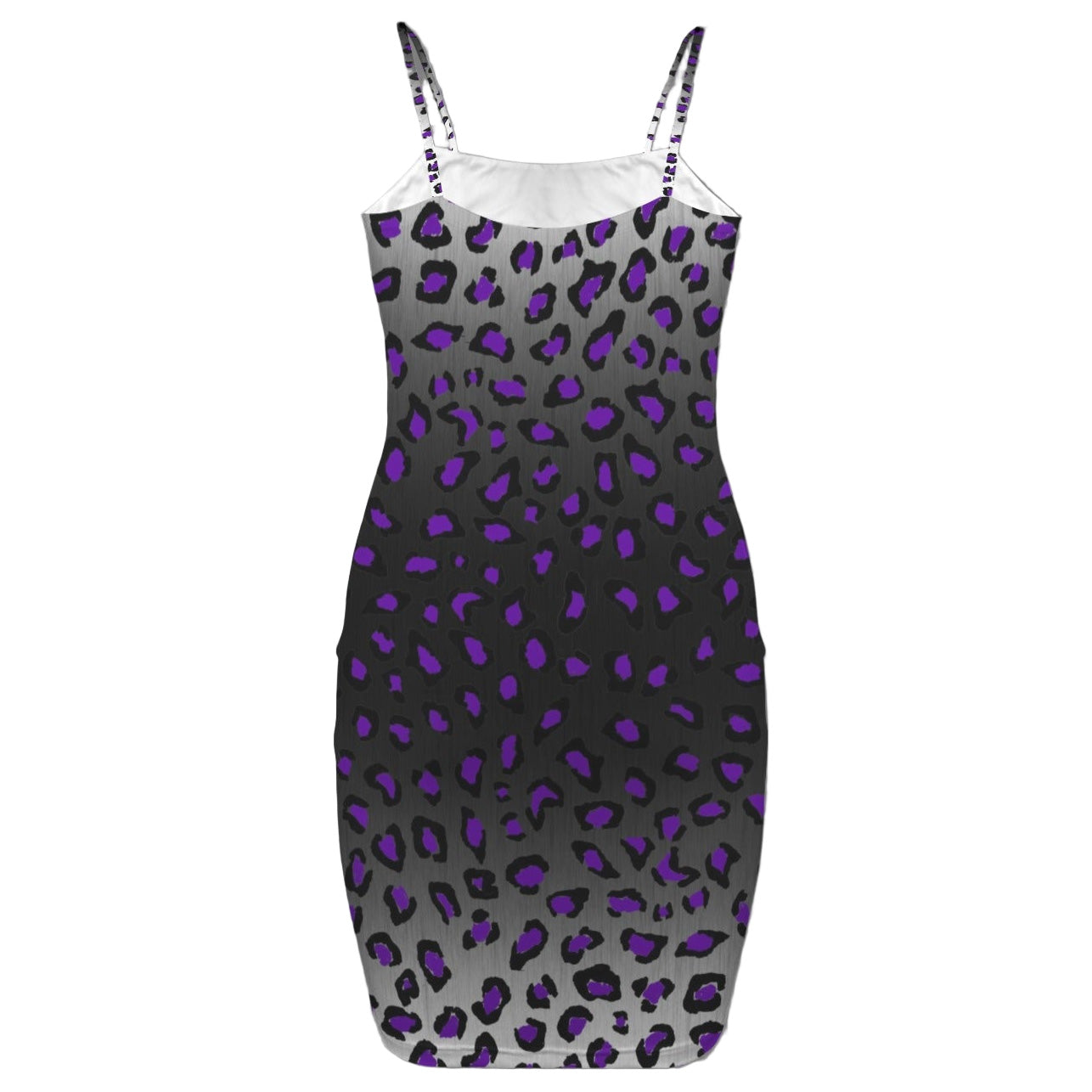 Dress with purple and black cheetah pattern on a white background