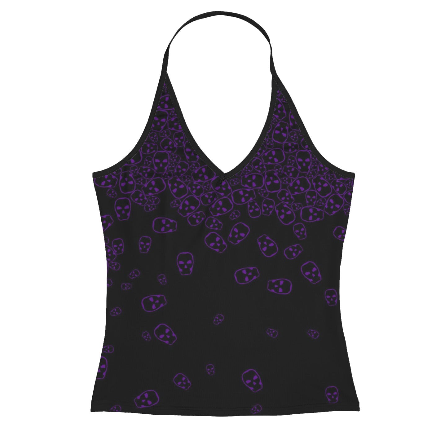 ANTIBrand Tumbling Skulls Purple on Black Halter Top