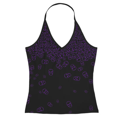 ANTIBrand Tumbling Skulls Purple on Black Halter Top