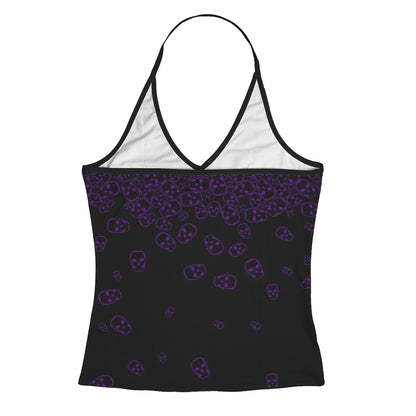 ANTIBrand Tumbling Skulls Purple on Black Halter Top