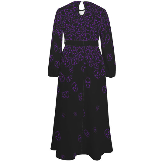Long sleeve black maxi dress with purple skulls design
