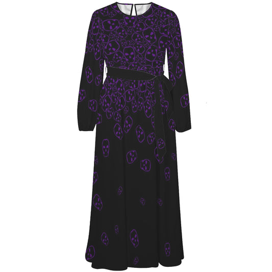 Goth black maxi dress with purple skull print and belted waist