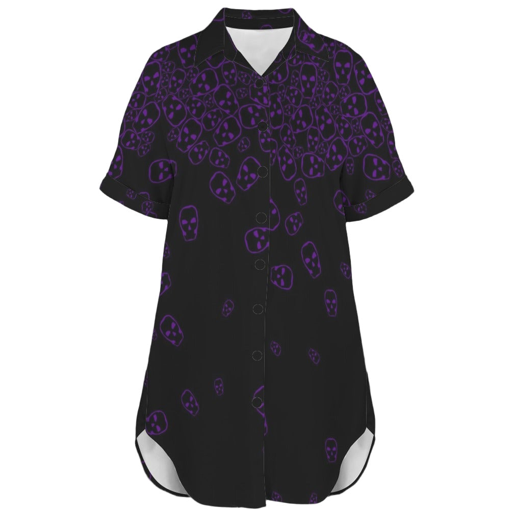 Goth shirt dress with purple skull print and button front
