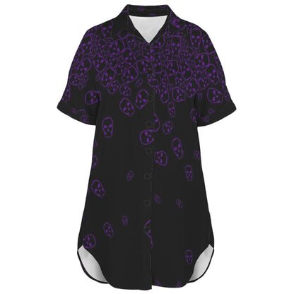 Goth shirt dress with purple skull print and button front