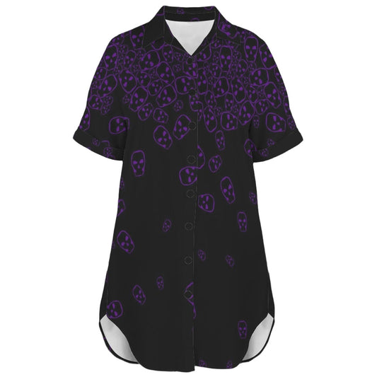 Goth shirt dress with purple skull print and button front