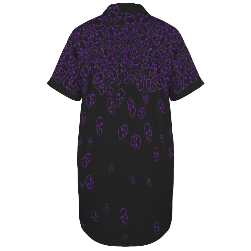 Black shirt dress with cascading purple skulls design