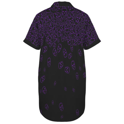 Black shirt dress with cascading purple skulls design