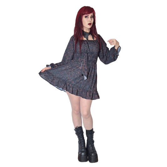 ANTIBrand Wyvern Skin Tie Back Dress featuring square neckline, lantern sleeves, smocked waist and adjustable tie-back design. Lightweight chiffon-style gothic mini dress perfect for parties, festivals and alternative fashion lovers.