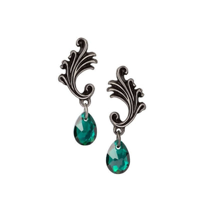 Alchemy Gothic Churchyard earrings baroque swirls ivy green Austrian crystal jardine droppers
