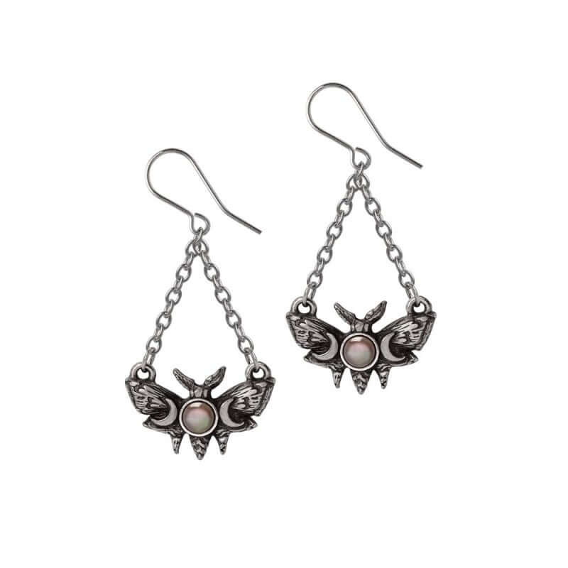Alchemy Gothic Lunar Moth earrings moon phase mother of pearl double chains actias