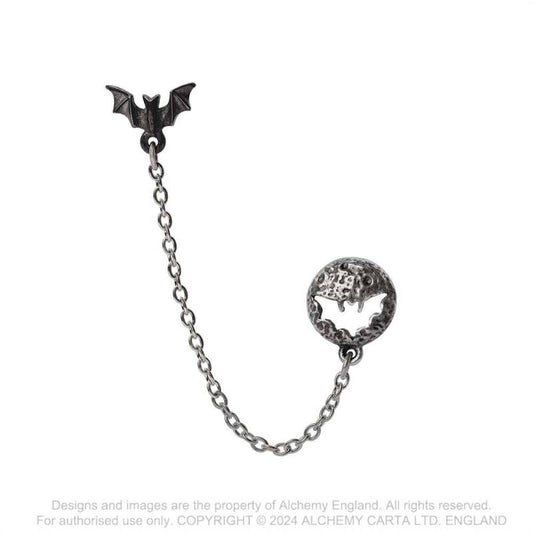 Alchemy Gothic Luna Roost ear jewellery moon bat dainty chain antiqued pewter
