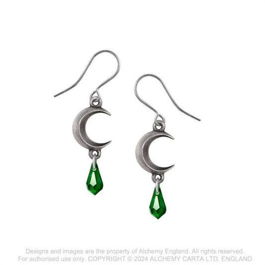 Alchemy Gothic Tears of the Moon Earrings with Green Crystal Tear