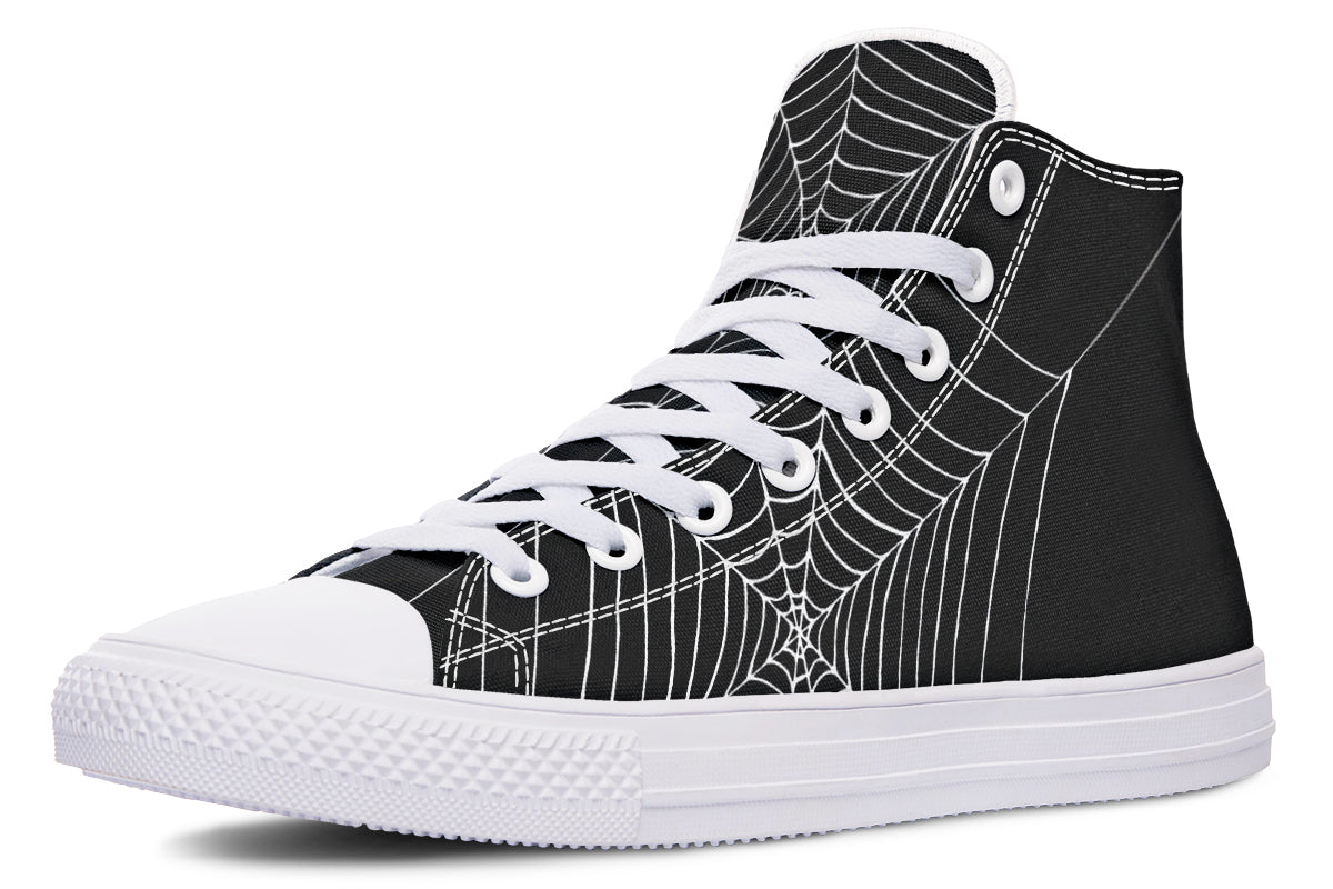 Black high-top sneaker with white spider web design on a white background
