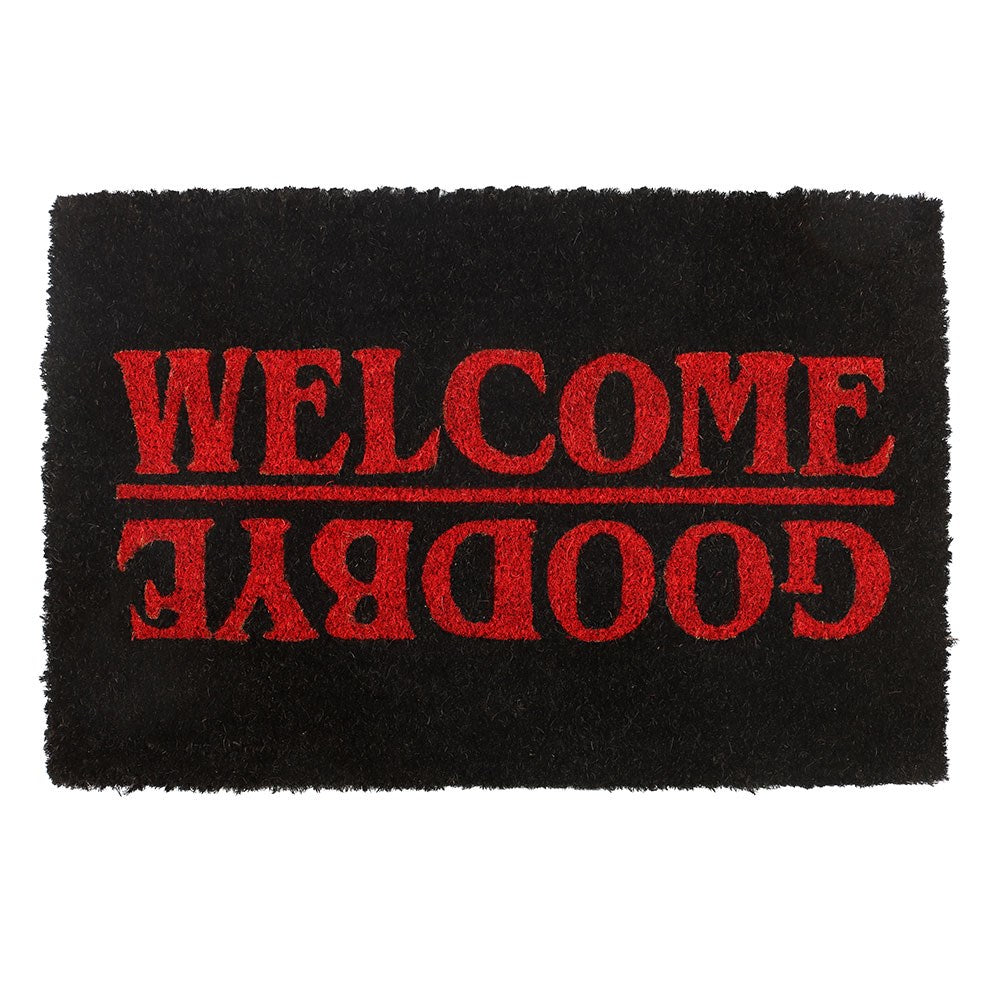 Gothic Doormat featuring red lettering on black, depicting 'Welcome' and 'Goodbye' for unique home decor.