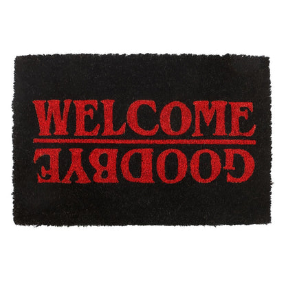 Gothic Doormat featuring red lettering on black, depicting 'Welcome' and 'Goodbye' for unique home decor.