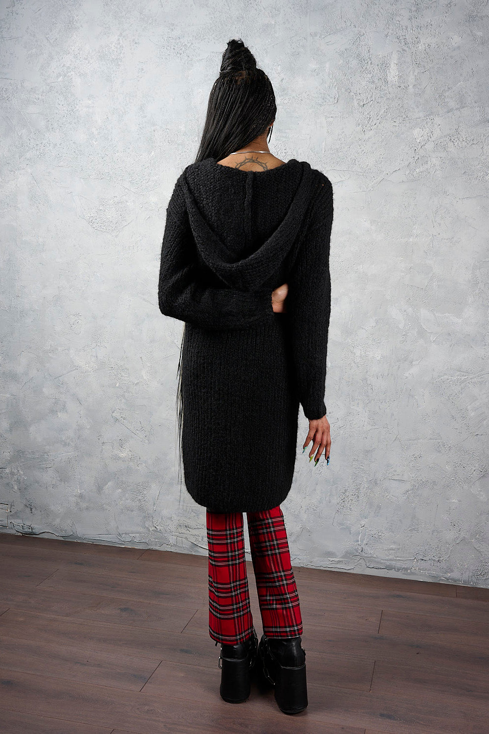 Banned Apparel Blackmoor Long Black Knit Cardigan with Hood back view
