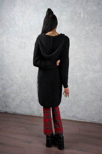 Banned Apparel Blackmoor Long Black Knit Cardigan with Hood back view