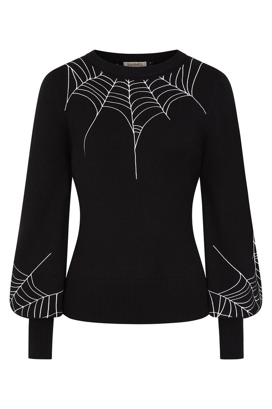 A black long-sleeve crewneck sweater featuring white embroidered spiderweb patterns across the chest and on the cuffs, shown against a plain white background.