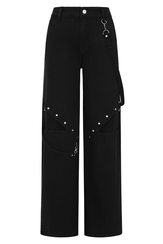 Banned Apparel Cinder Industrial Mesh Panel Alt Wide Leg Trousers front view
