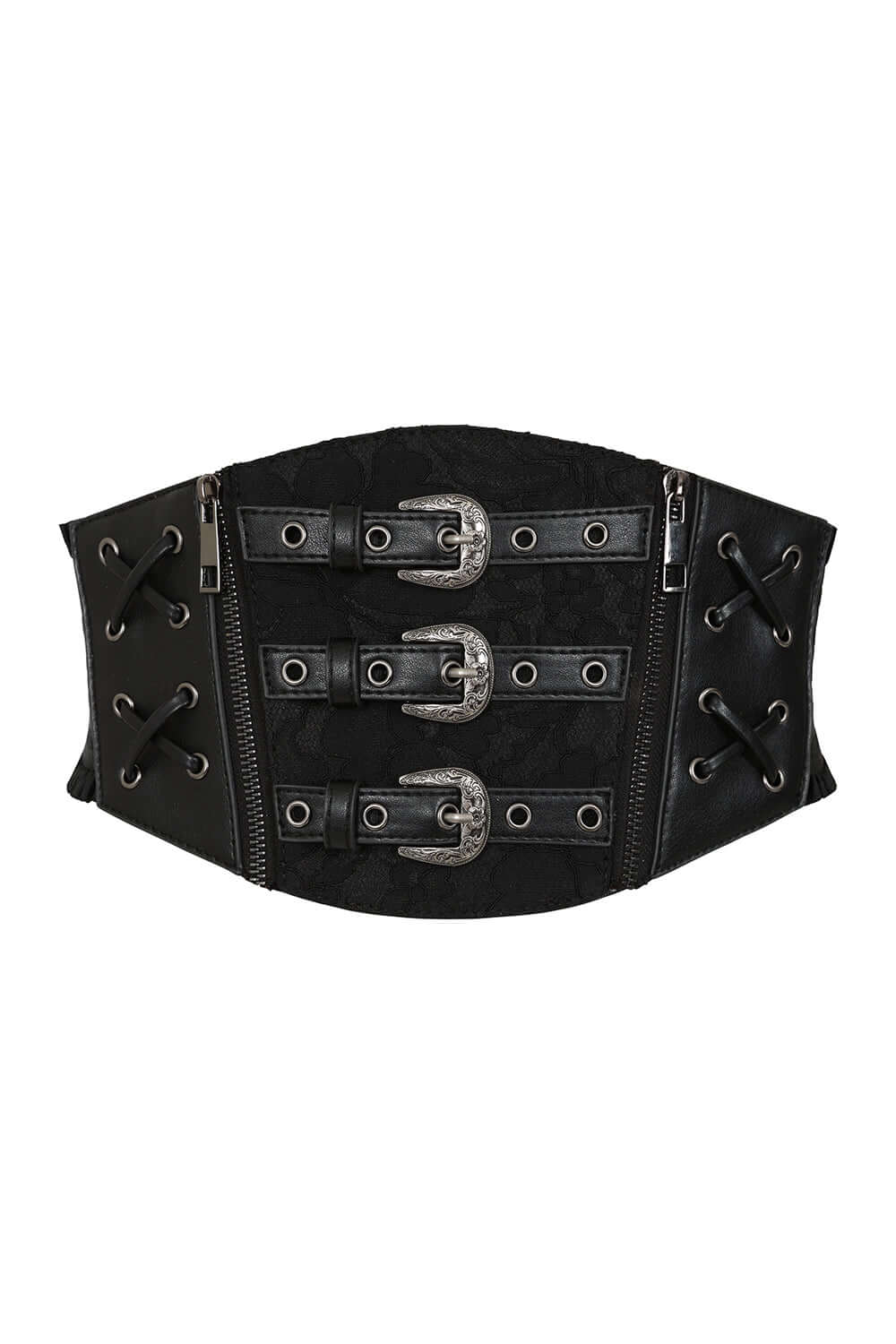 Banned Apparel Fading Angel belt corset-inspired lace overlay ornate buckles gothic