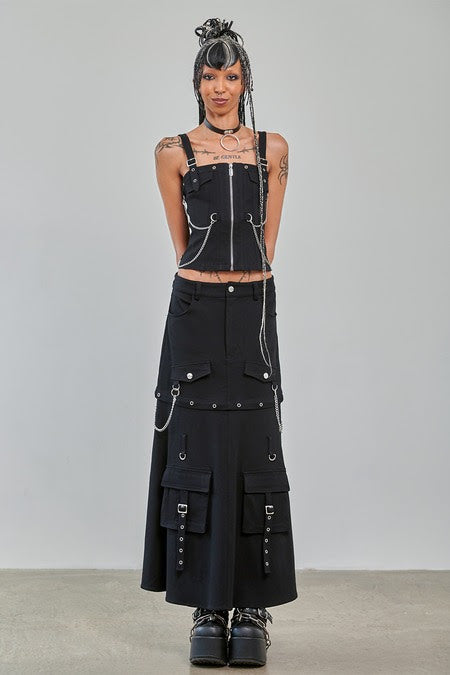 Gothic Cargo Skirt Black Zip Off Punk Style Banned model showcasing punk fashion with utility pockets and unique design.