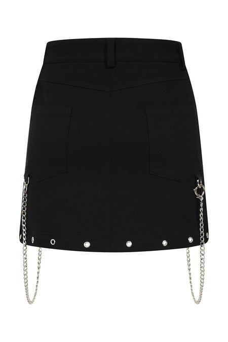 Gothic Cargo Skirt black zip off with utility pockets and chains for punk style by Banned Apparel